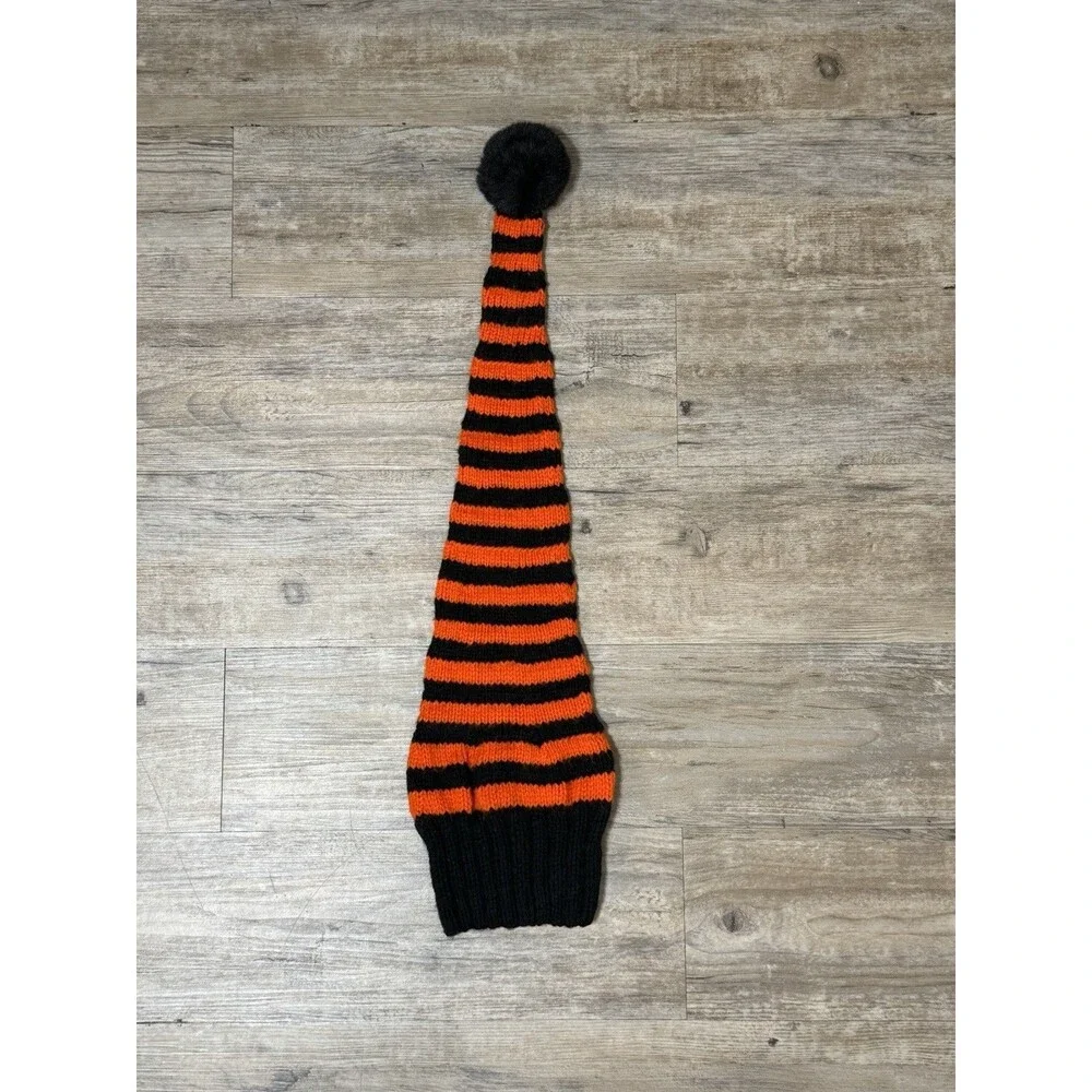 New Hand Knitted Orange & Black Halloween Stocking Cap Hat W/ PomPom Adult